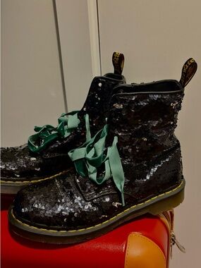 Sequin Dr. Martens Boots with Green Ribbon Laces